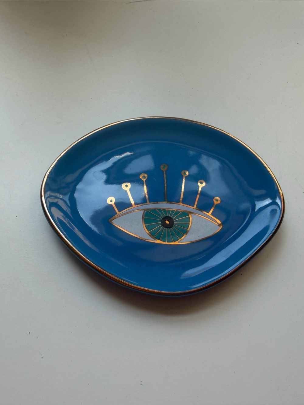 Celestial Evil Eye Ceramic Trinket Dish Gold Rim Blue Catchall